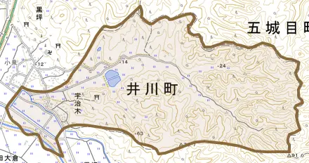 宇治木とその周辺の地図。町の範囲を重ねている