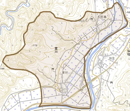 堂川とその周辺の地図。町の範囲を重ねている