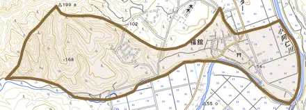 福舘とその周辺の地図。町の範囲を重ねている