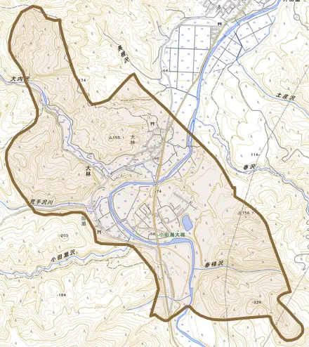 大林とその周辺の地図。町の範囲を重ねている