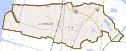 飯田川飯塚とその周辺の地図。町の範囲を重ねている