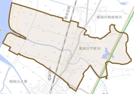 飯田川下虻川とその周辺の地図。町の範囲を重ねている