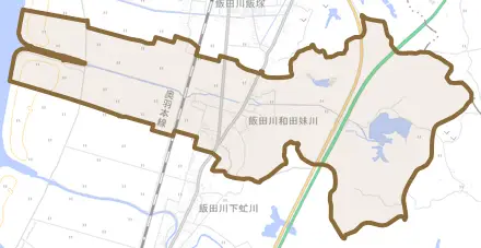 飯田川和田妹川とその周辺の地図。町の範囲を重ねている