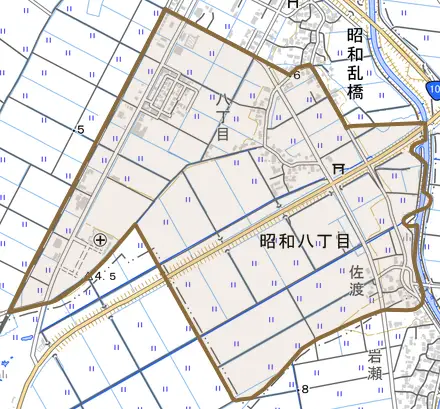 昭和八丁目とその周辺の地図。町の範囲を重ねている