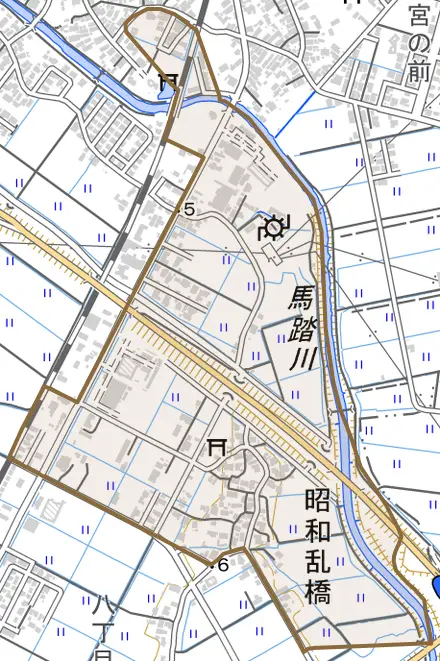 昭和乱橋とその周辺の地図。町の範囲を重ねている
