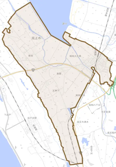 昭和大久保とその周辺の地図。町の範囲を重ねている
