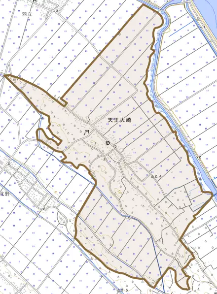 天王大崎とその周辺の地図。町の範囲を重ねている