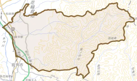花輪とその周辺の地図。町の範囲を重ねている