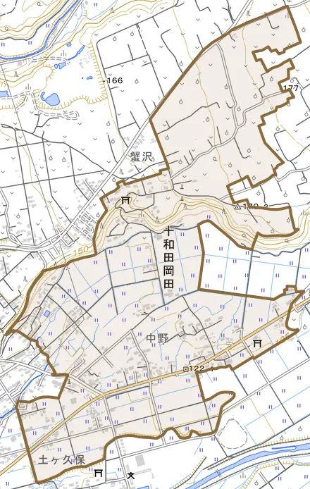 十和田岡田とその周辺の地図。町の範囲を重ねている