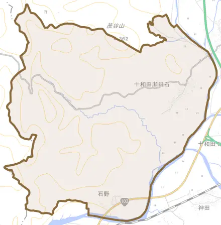 十和田瀬田石とその周辺の地図。町の範囲を重ねている