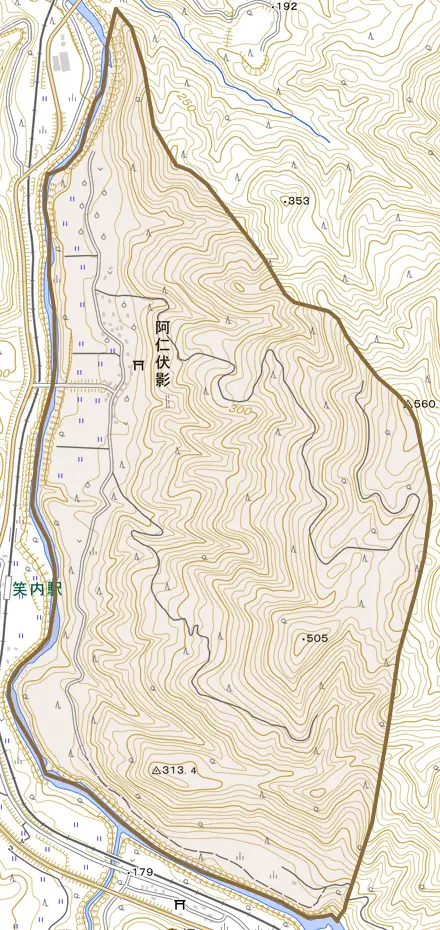 阿仁伏影とその周辺の地図。町の範囲を重ねている