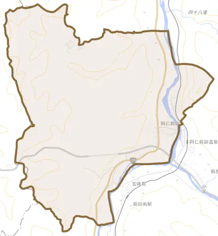 阿仁前田とその周辺の地図。町の範囲を重ねている