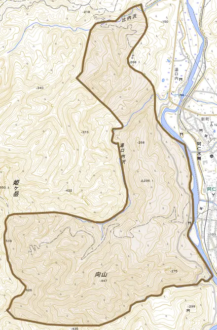 阿仁水無とその周辺の地図。町の範囲を重ねている