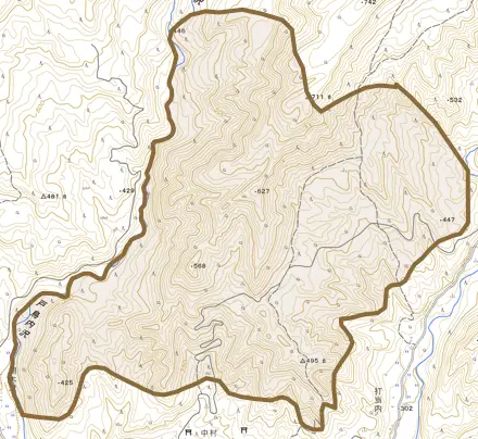阿仁中村とその周辺の地図。町の範囲を重ねている