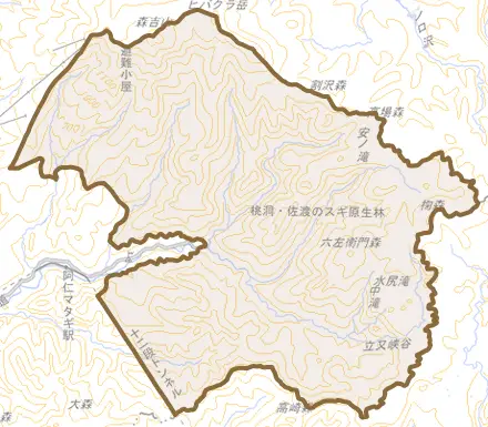 阿仁打当とその周辺の地図。町の範囲を重ねている
