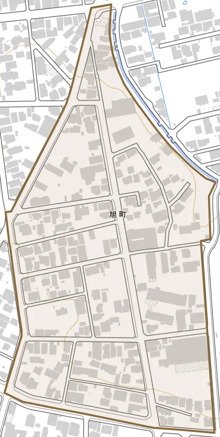 旭町とその周辺の地図。町の範囲を重ねている