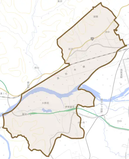 坊沢とその周辺の地図。町の範囲を重ねている