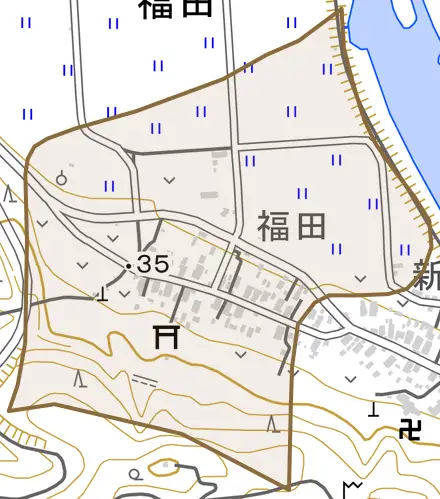 福田とその周辺の地図。町の範囲を重ねている