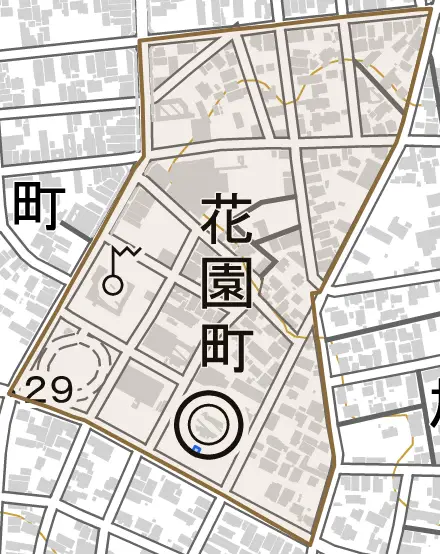 花園町とその周辺の地図。町の範囲を重ねている