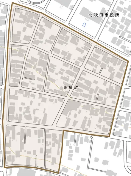 東横町とその周辺の地図。町の範囲を重ねている