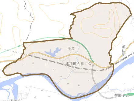 今泉とその周辺の地図。町の範囲を重ねている