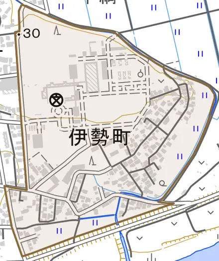 伊勢町とその周辺の地図。町の範囲を重ねている