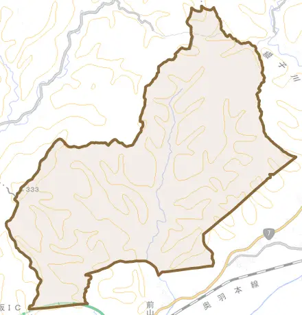 黒沢とその周辺の地図。町の範囲を重ねている