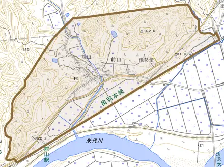 前山とその周辺の地図。町の範囲を重ねている
