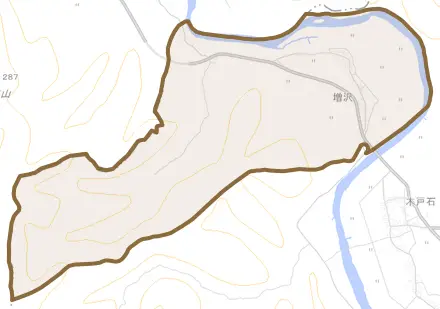 増沢とその周辺の地図。町の範囲を重ねている