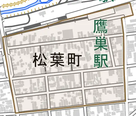 松葉町とその周辺の地図。町の範囲を重ねている