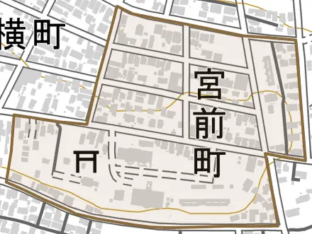 宮前町とその周辺の地図。町の範囲を重ねている