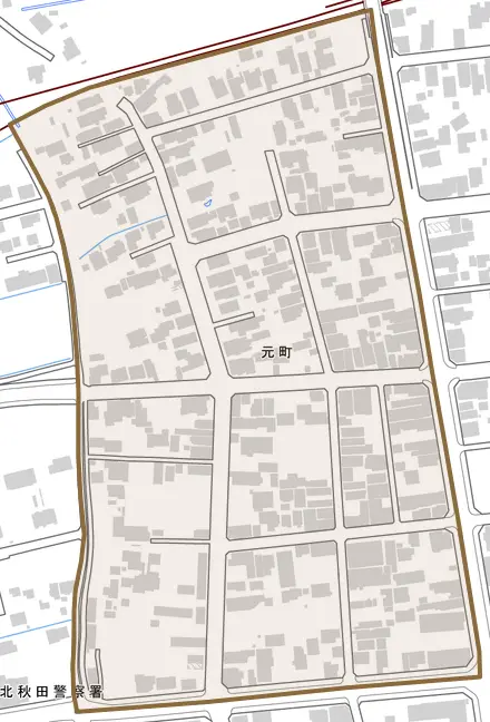 元町とその周辺の地図。町の範囲を重ねている