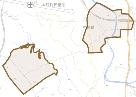 中屋敷とその周辺の地図。町の範囲を重ねている