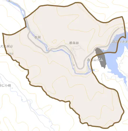 根森田とその周辺の地図。町の範囲を重ねている