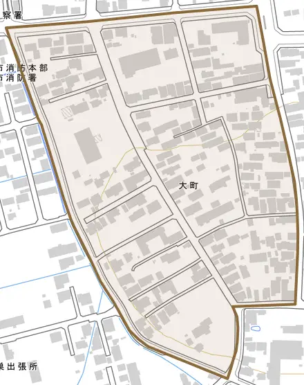 大町とその周辺の地図。町の範囲を重ねている