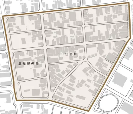 住吉町とその周辺の地図。町の範囲を重ねている