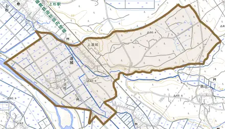 道城とその周辺の地図。町の範囲を重ねている