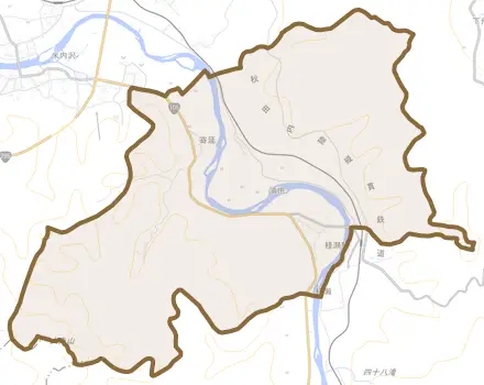 浦田とその周辺の地図。町の範囲を重ねている