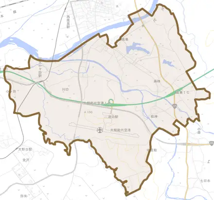 脇神とその周辺の地図。町の範囲を重ねている