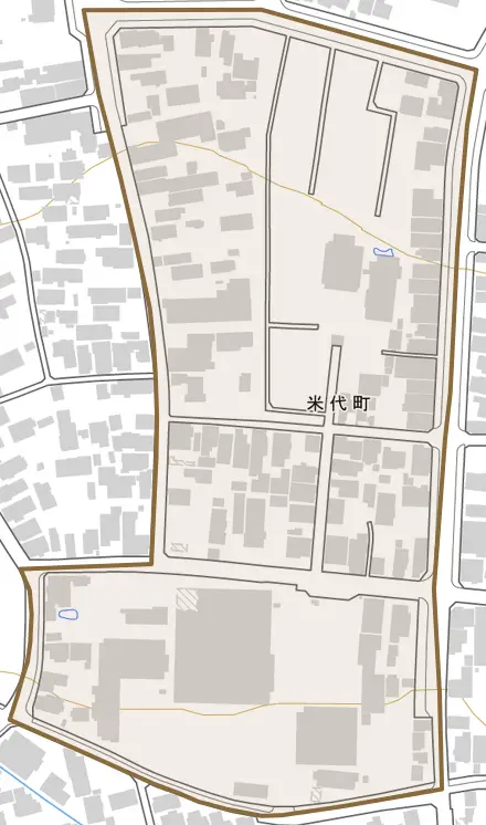 米代町とその周辺の地図。町の範囲を重ねている