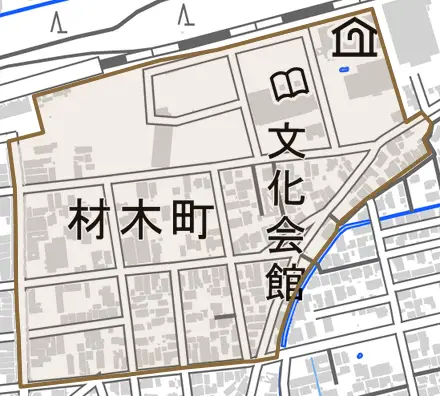 材木町とその周辺の地図。町の範囲を重ねている