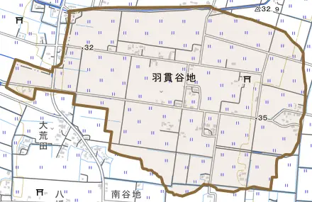 羽貫谷地とその周辺の地図。町の範囲を重ねている