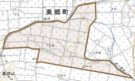 野中とその周辺の地図。町の範囲を重ねている