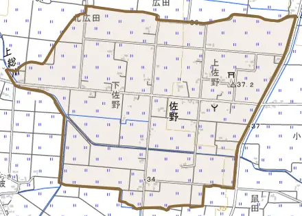 佐野とその周辺の地図。町の範囲を重ねている