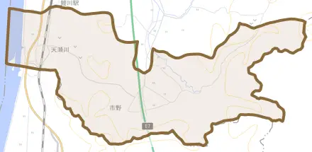 天瀬川とその周辺の地図。町の範囲を重ねている