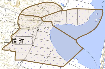 芦崎とその周辺の地図。町の範囲を重ねている