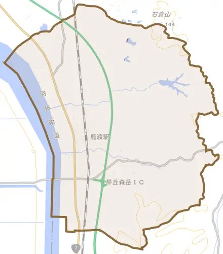 鹿渡とその周辺の地図。町の範囲を重ねている