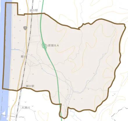 鯉川とその周辺の地図。町の範囲を重ねている