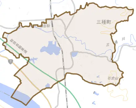 森岳とその周辺の地図。町の範囲を重ねている