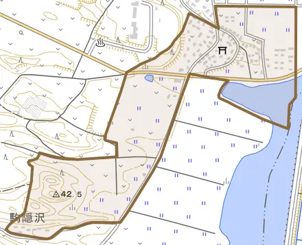 大口とその周辺の地図。町の範囲を重ねている